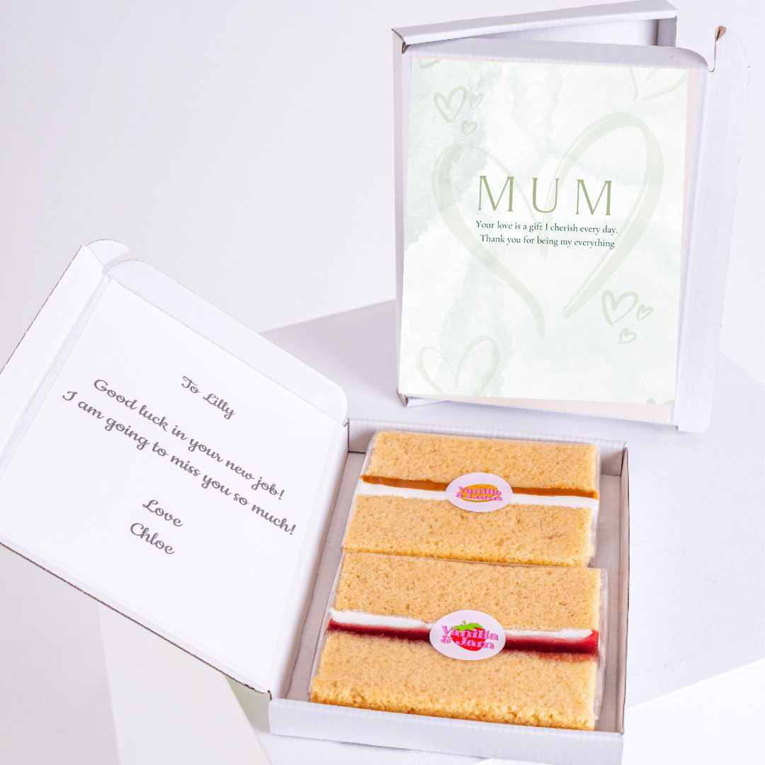 Gift box with cake and Mum card; For Lilly's new job.