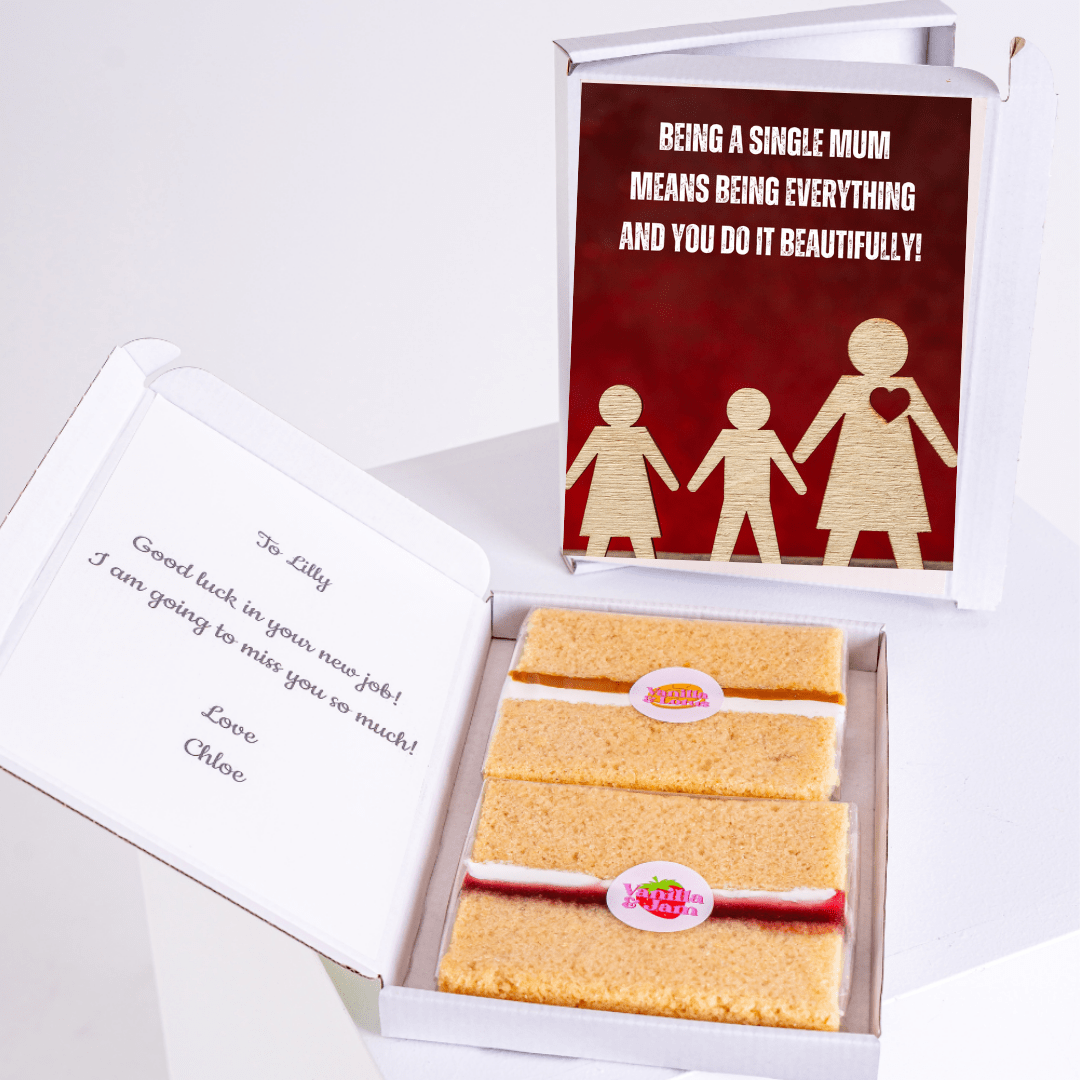 Gift box with cake and encouraging message for a single mom.