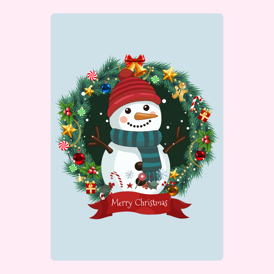 Christmas snowman with wreath and Merry Christmas greeting.