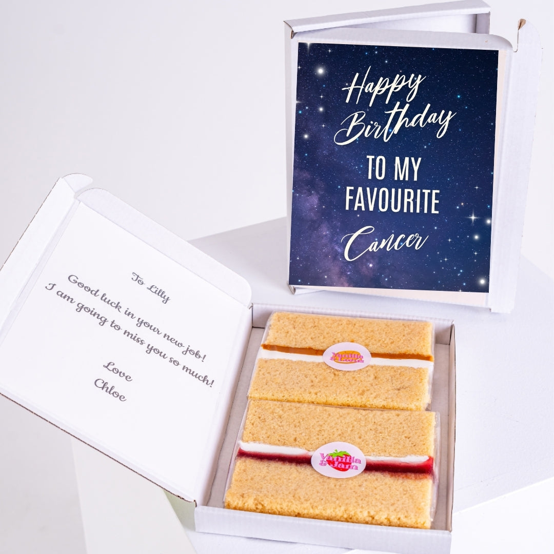 Letterbox cake gift with Cancer birthday design and cake slices.
