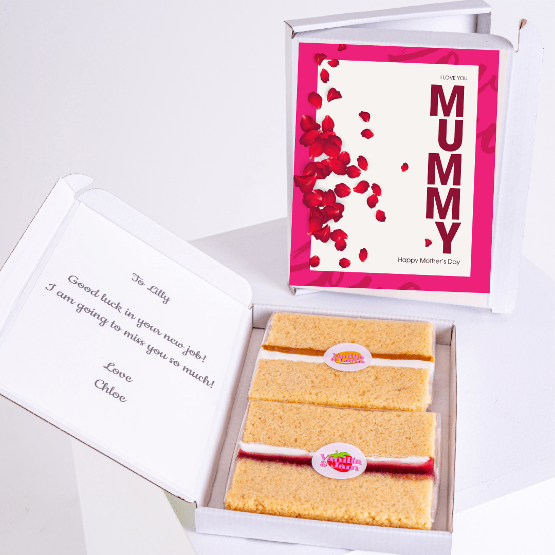 Mother's Day cake gift box with Mummy card and farewell message.