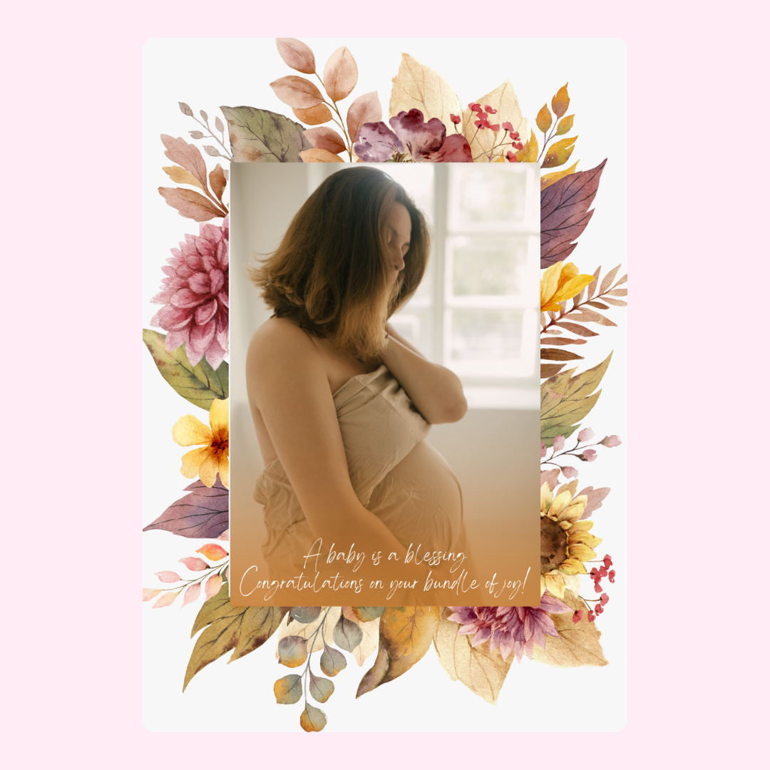Pregnancy announcement card with floral frame,...