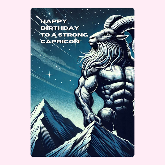 Happy Birthday Capricorn card with strong goat illustration.