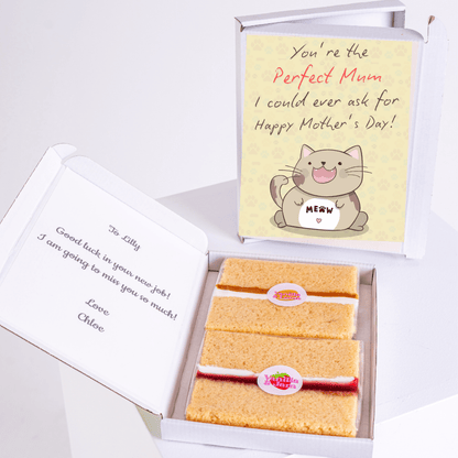Mother's Day gift box with cake and card saying Perfect Mum
