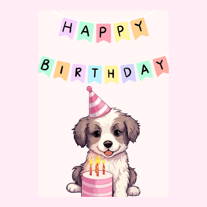 Birthday puppy design with cake and party hat