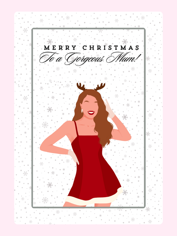 Christmas card for Mum, red dress, reindeer antlers