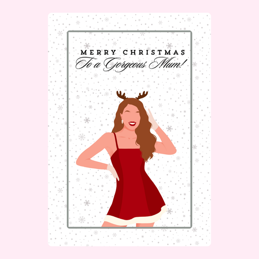 Christmas card for Mum, red dress, reindeer antlers