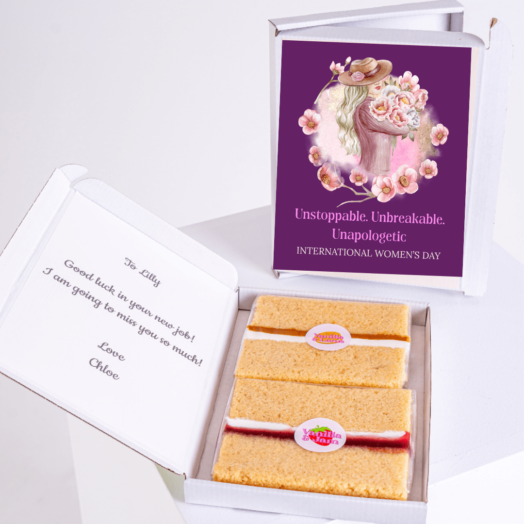International Women's Day gift box with cake and message for Lilly.