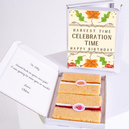 Harvest birthday gift box with sponge cake slices.