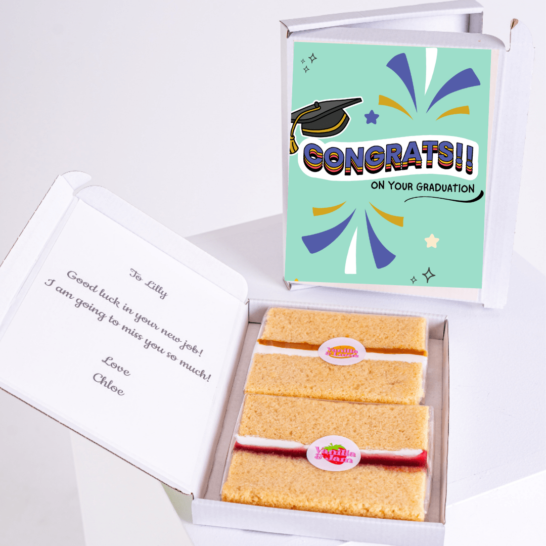 Graduation cake gift box with Congrats and message for Lilly.