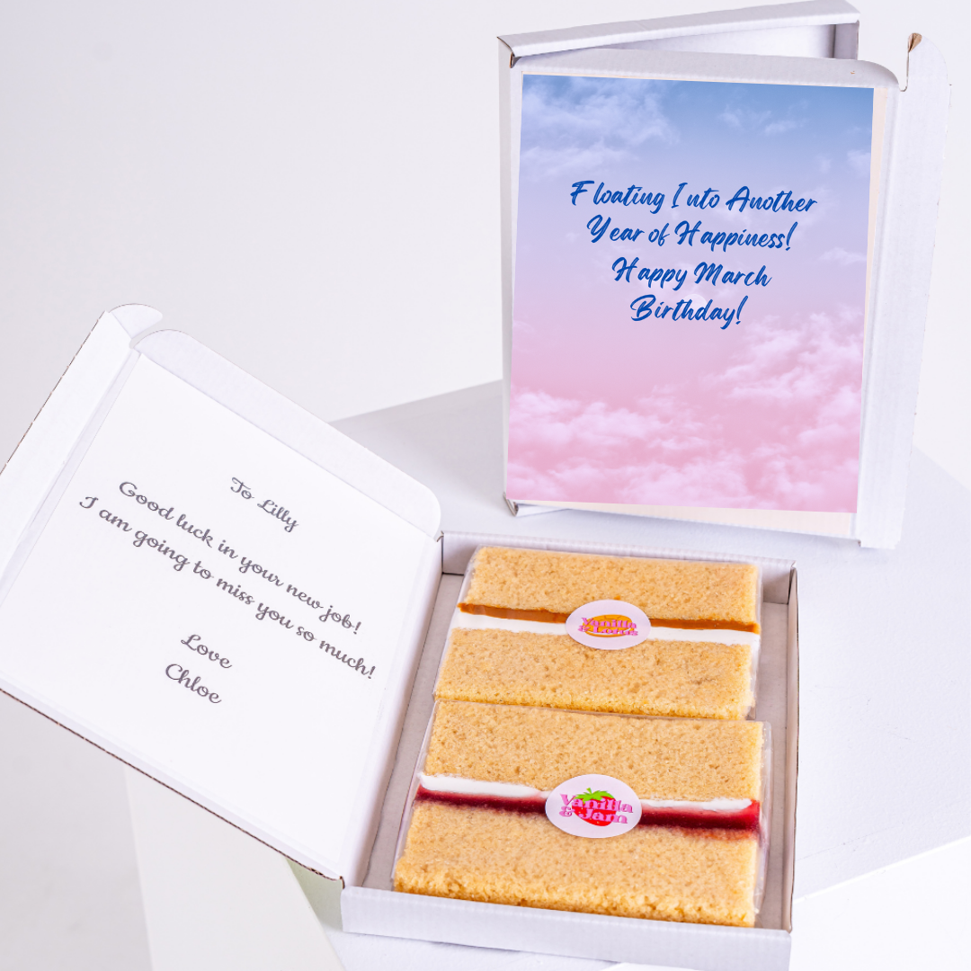 Cake gift box for Lilly with birthday message and good luck note.