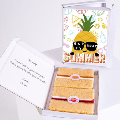 Cake gift box with pineapple Happy Summer card, farewell message.