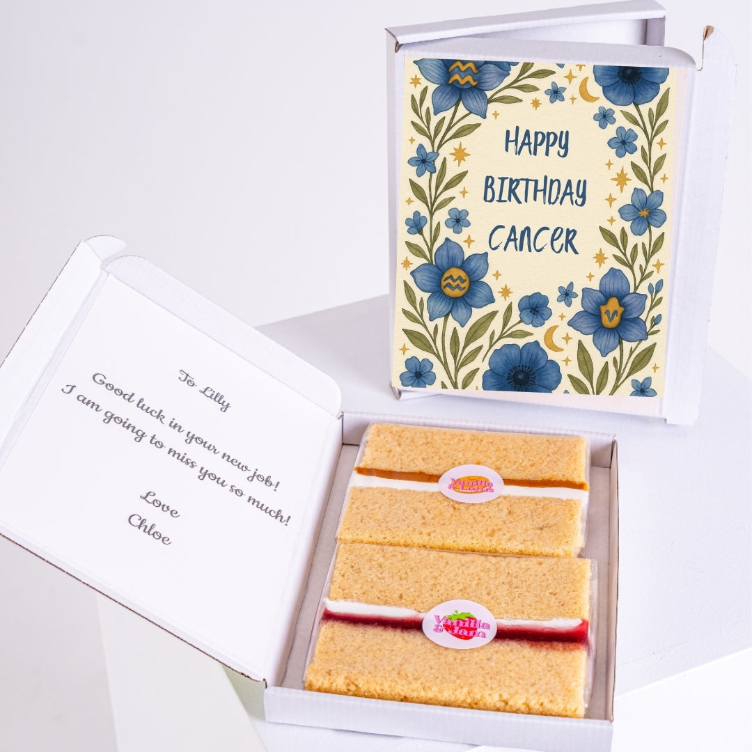 Letterbox cake gift with floral Cancer zodiac birthday message.