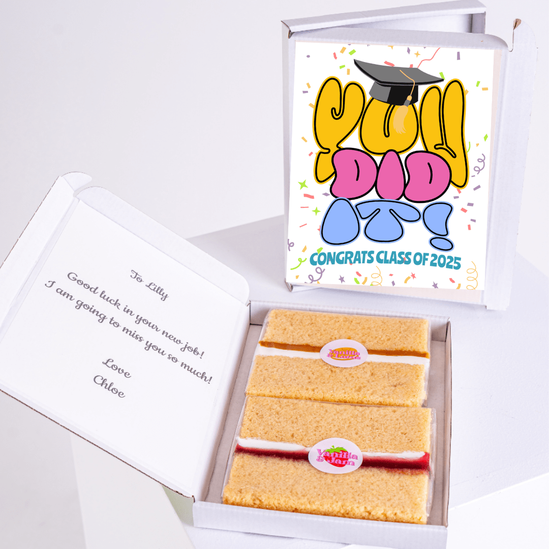 Graduation cake box with You Did It message, congrats class of 2025.