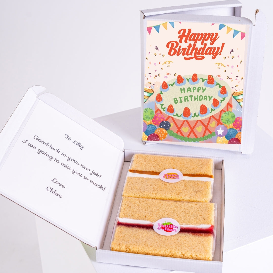Letterbox birthday cake gift with fun cake design and colourful sprinkles.