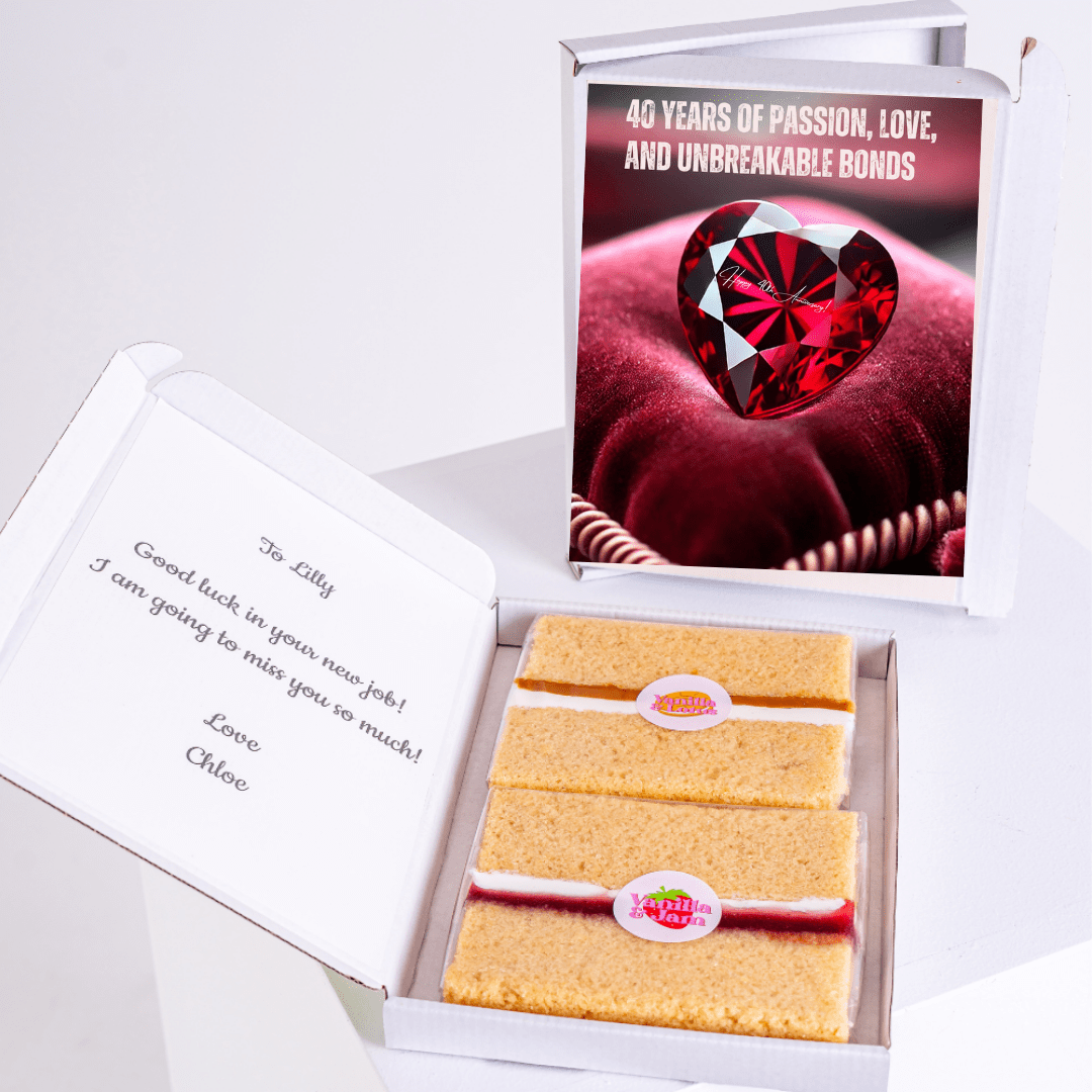 Gift box with cake, heart gem & 40 years of passion message