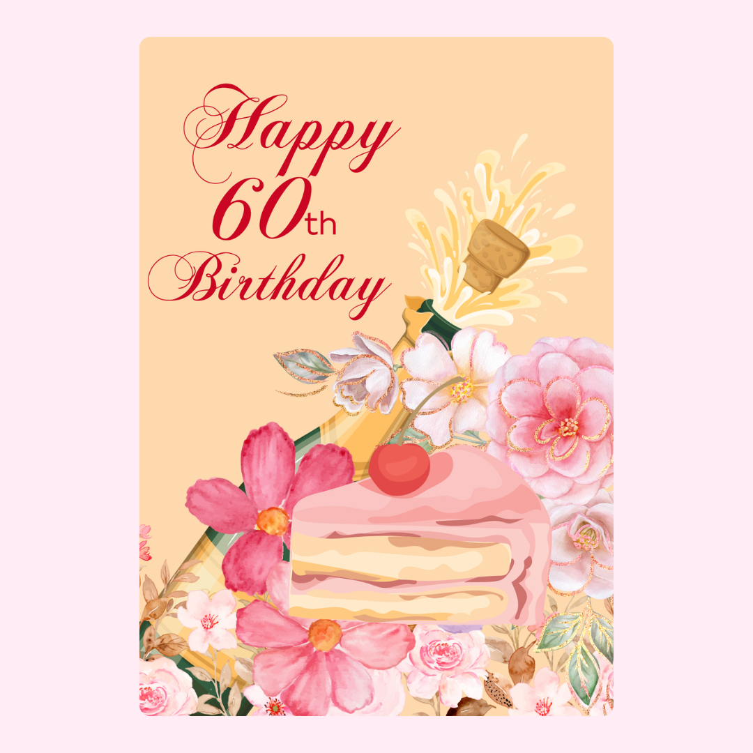 Happy 60th Birthday card with cake and flowers