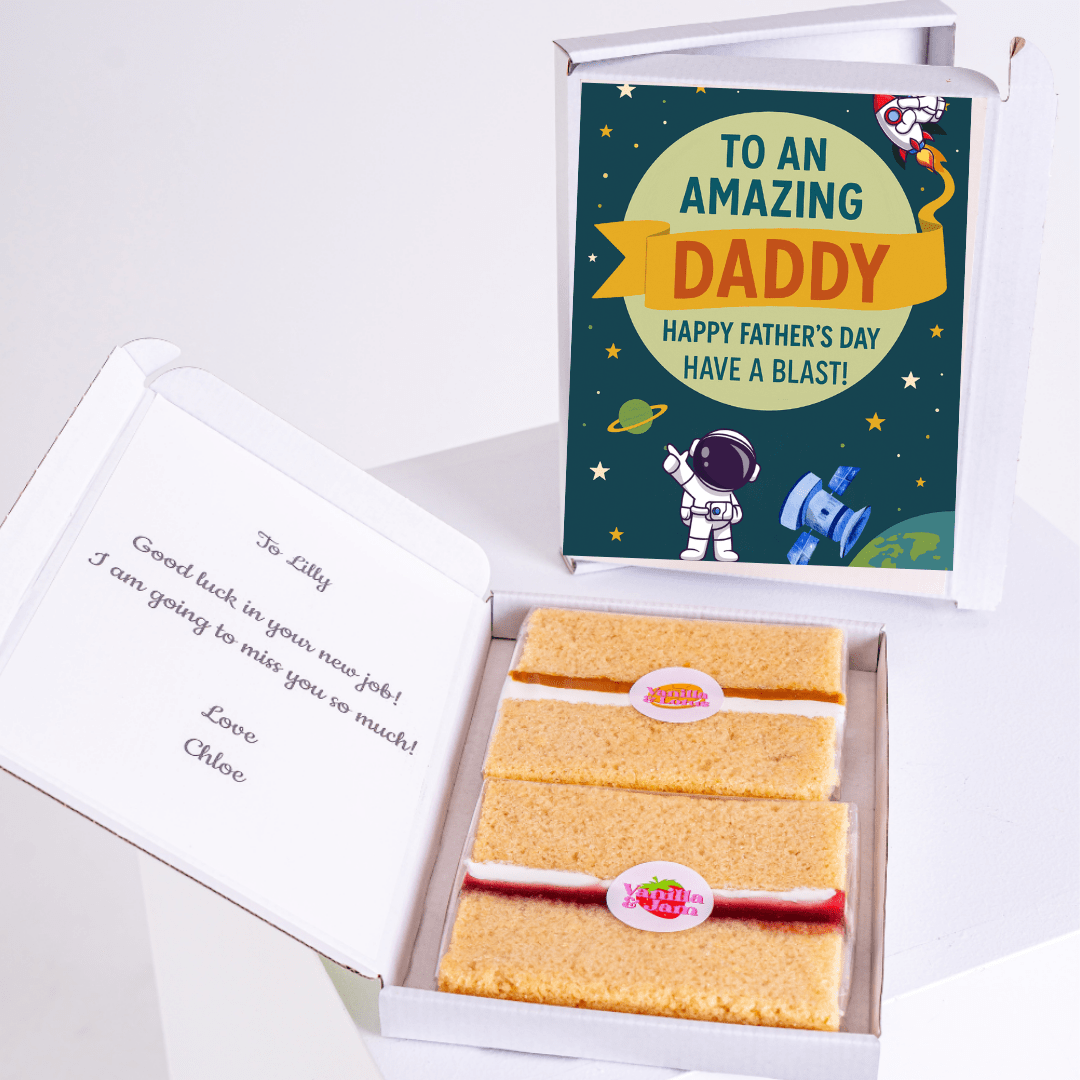 Father's Day gift box with cake and To an Amazing Daddy card