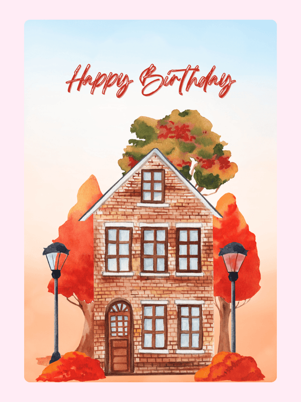 Birthday card with house and autumn trees