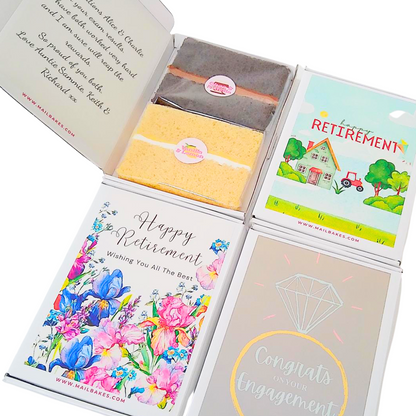 Retirement cake gift box with message and cards.