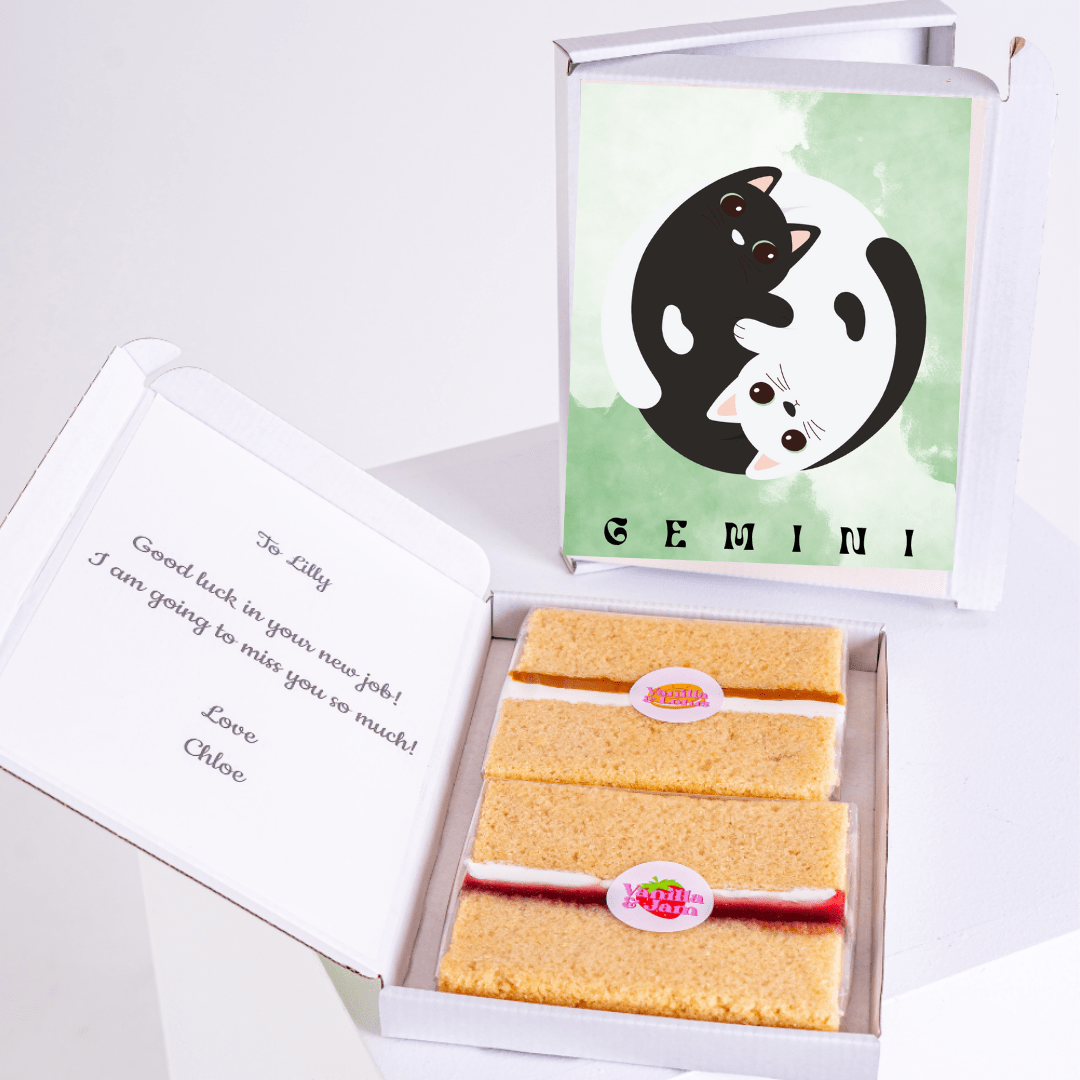 Gemini cake gift box with Good luck card.