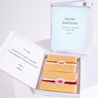 18th birthday cake card with funny alcohol joke and mini cake slices inside gift box