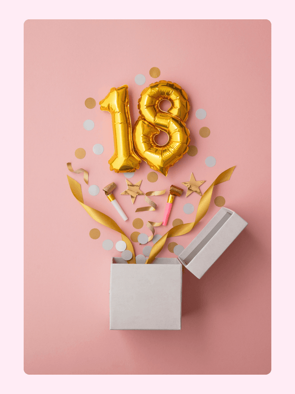 18th birthday design with gold number balloons and gift box on soft pink background