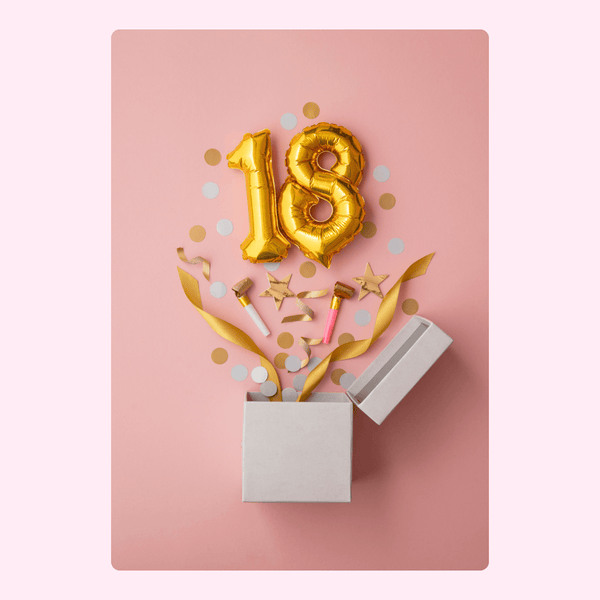 18th birthday design with gold number balloons and gift box on soft pink background