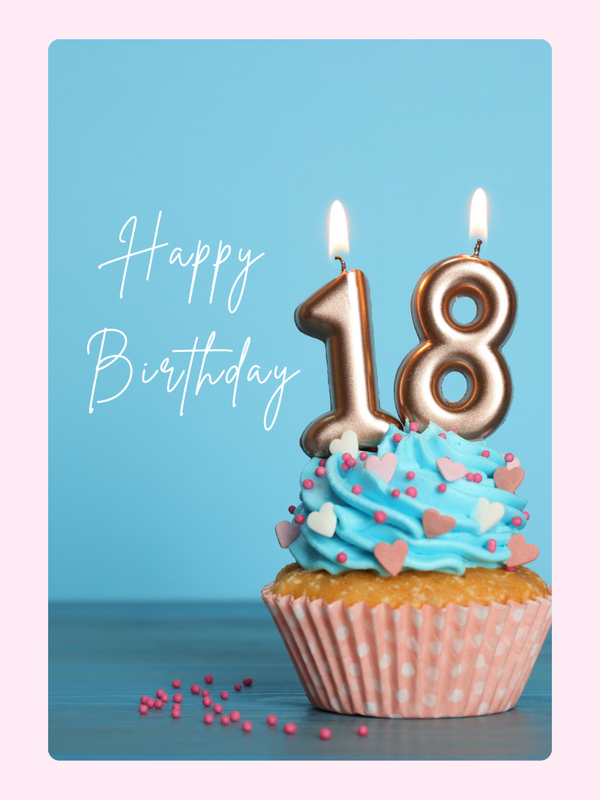 18th birthday cupcake design with number candles and happy birthday text on blue background