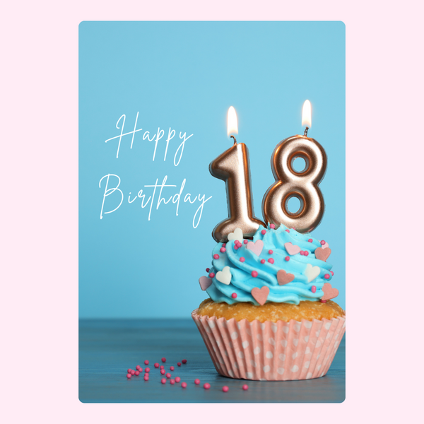 18th birthday cupcake design with number candles and happy birthday text on blue background