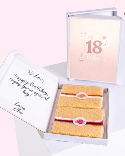 18th birthday today cake card with soft pink design and mini cake slices in gift box