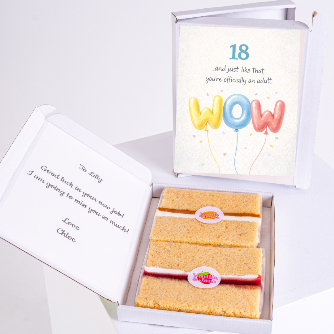 18th birthday cake card with wow balloon design and mini cake slices inside gift box