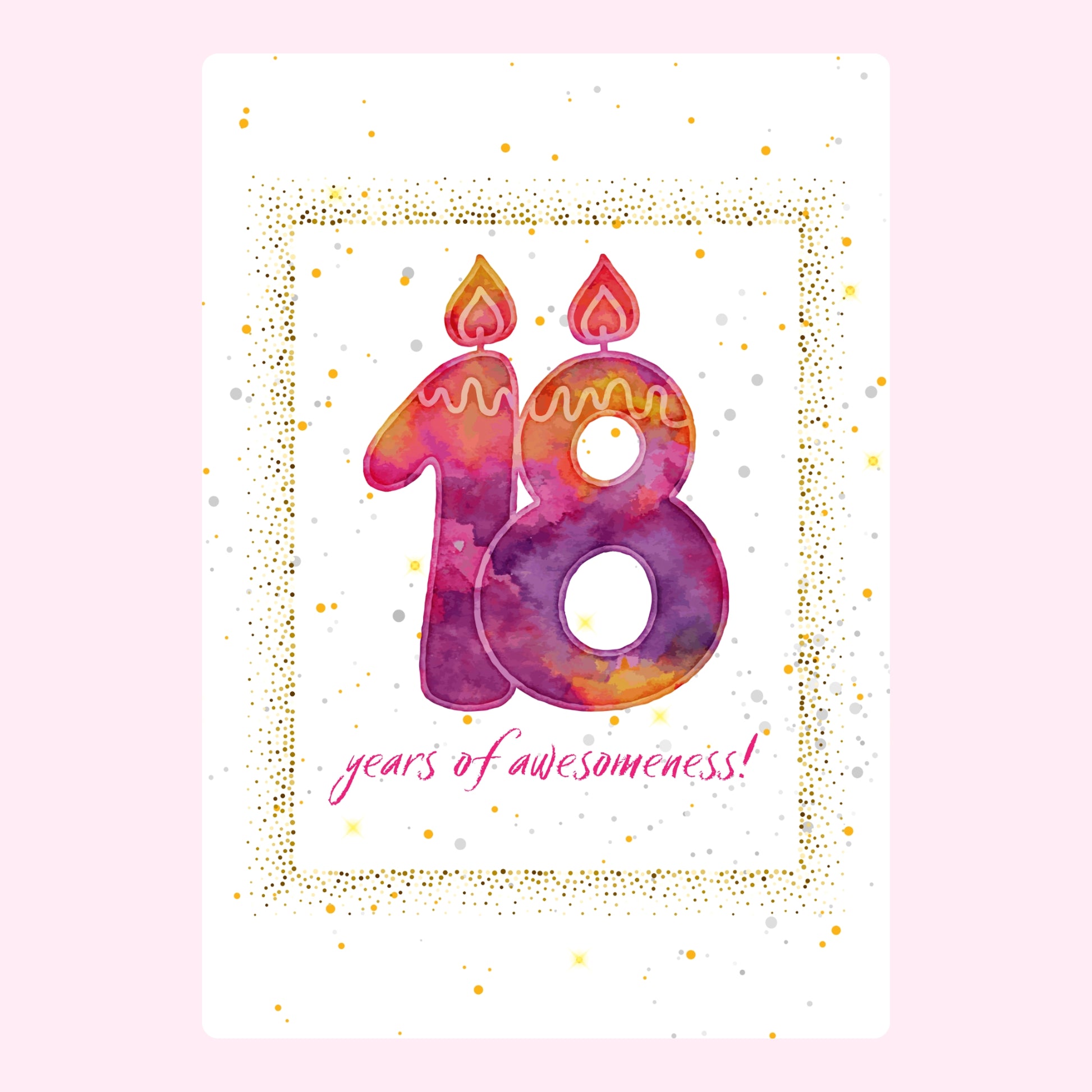 18th birthday card with colorful number candles and years of awesomeness text