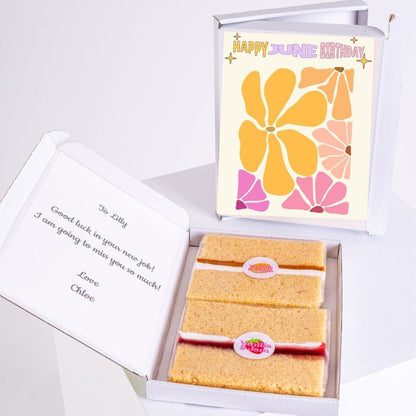 Cake slices in box with birthday card and message.