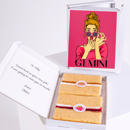Gemini gift box with cake, well wishes, and illustration.