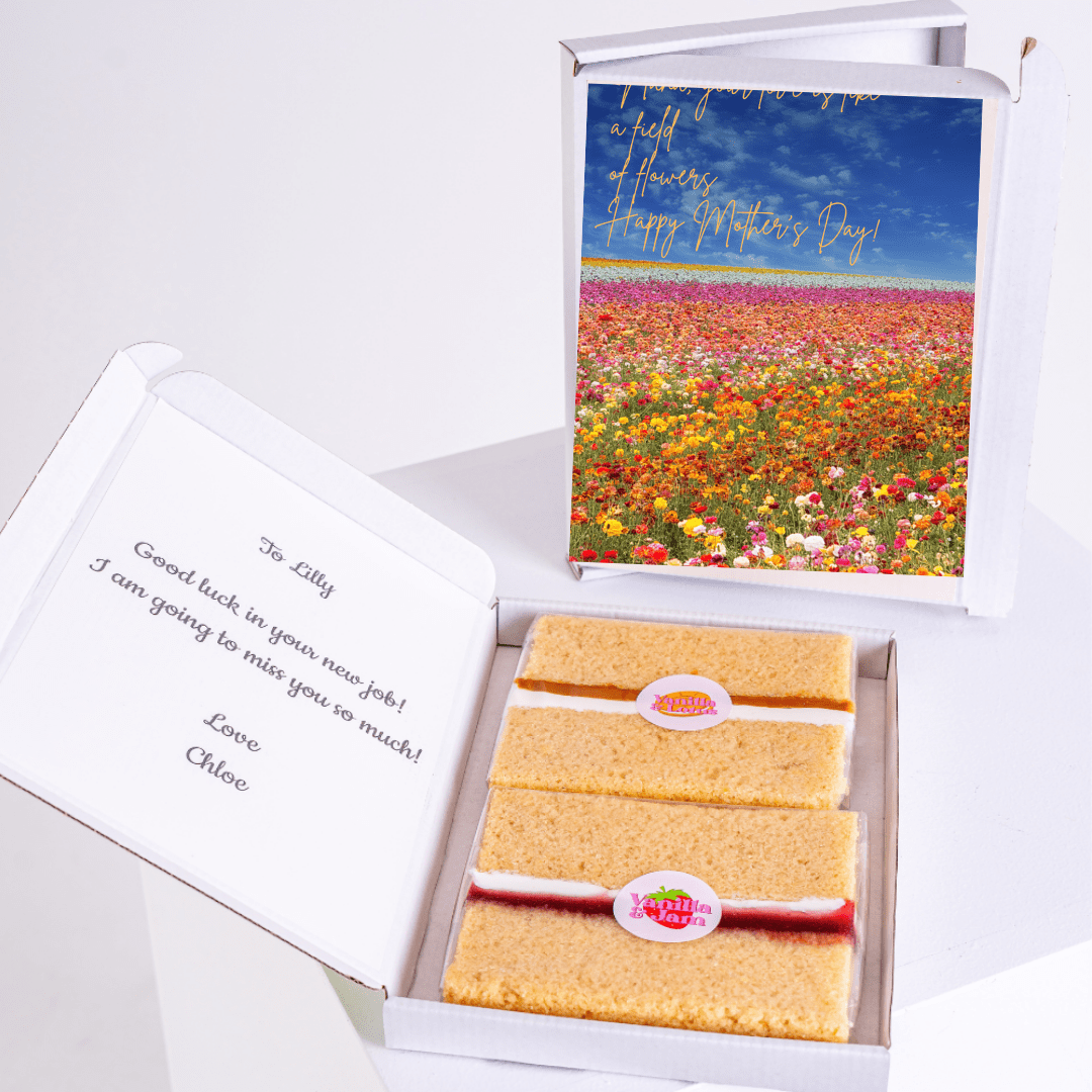 Mother's Day gift box with cake and field of flowers card.