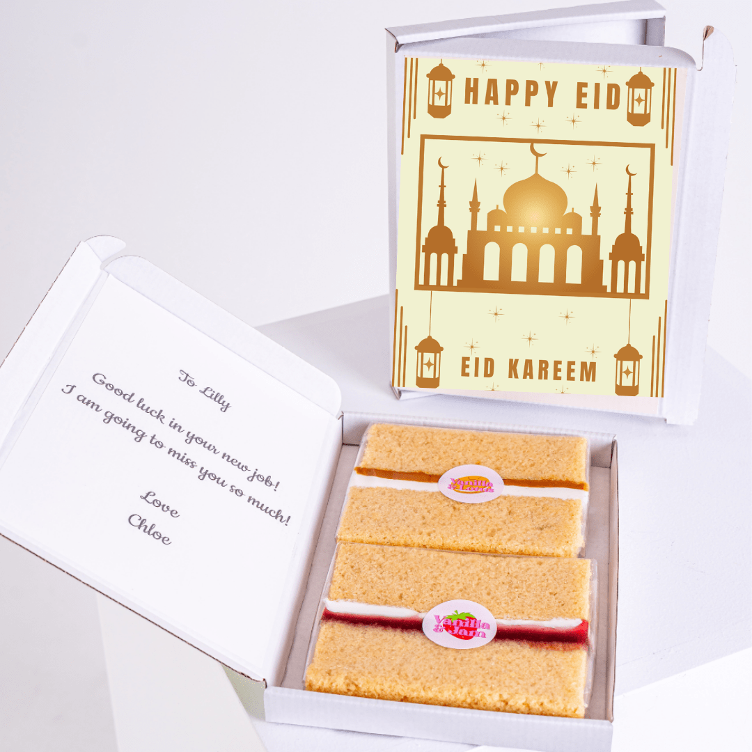Eid gift box with cake and Happy Eid card