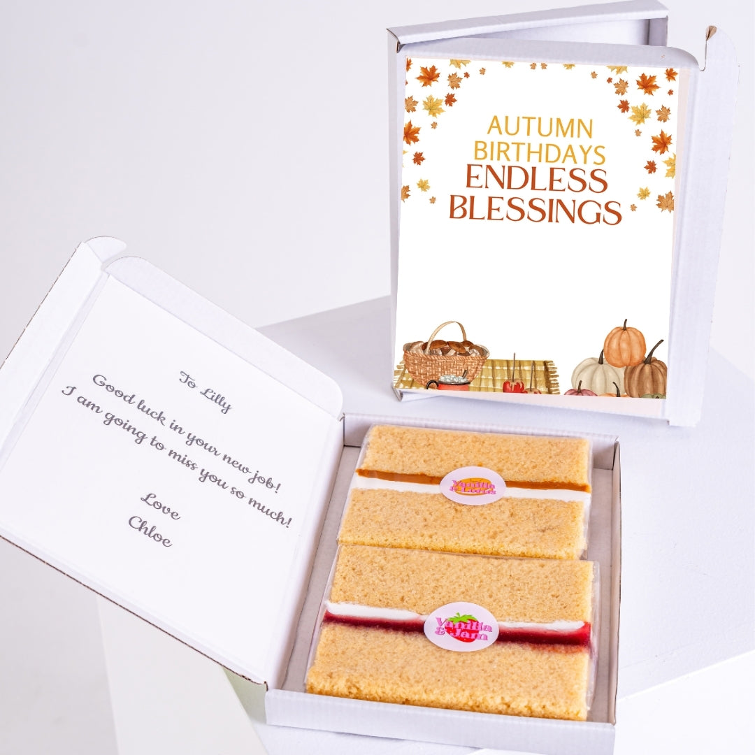 Autumn birthday gift box with sponge cake slices.