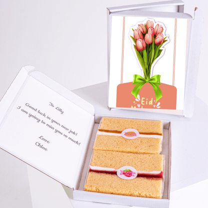 Eid gift box with tulips and cake, Good luck Lilly message.