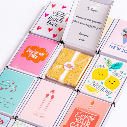 Gift box with cards & cake, Good luck Megan & Sending much love