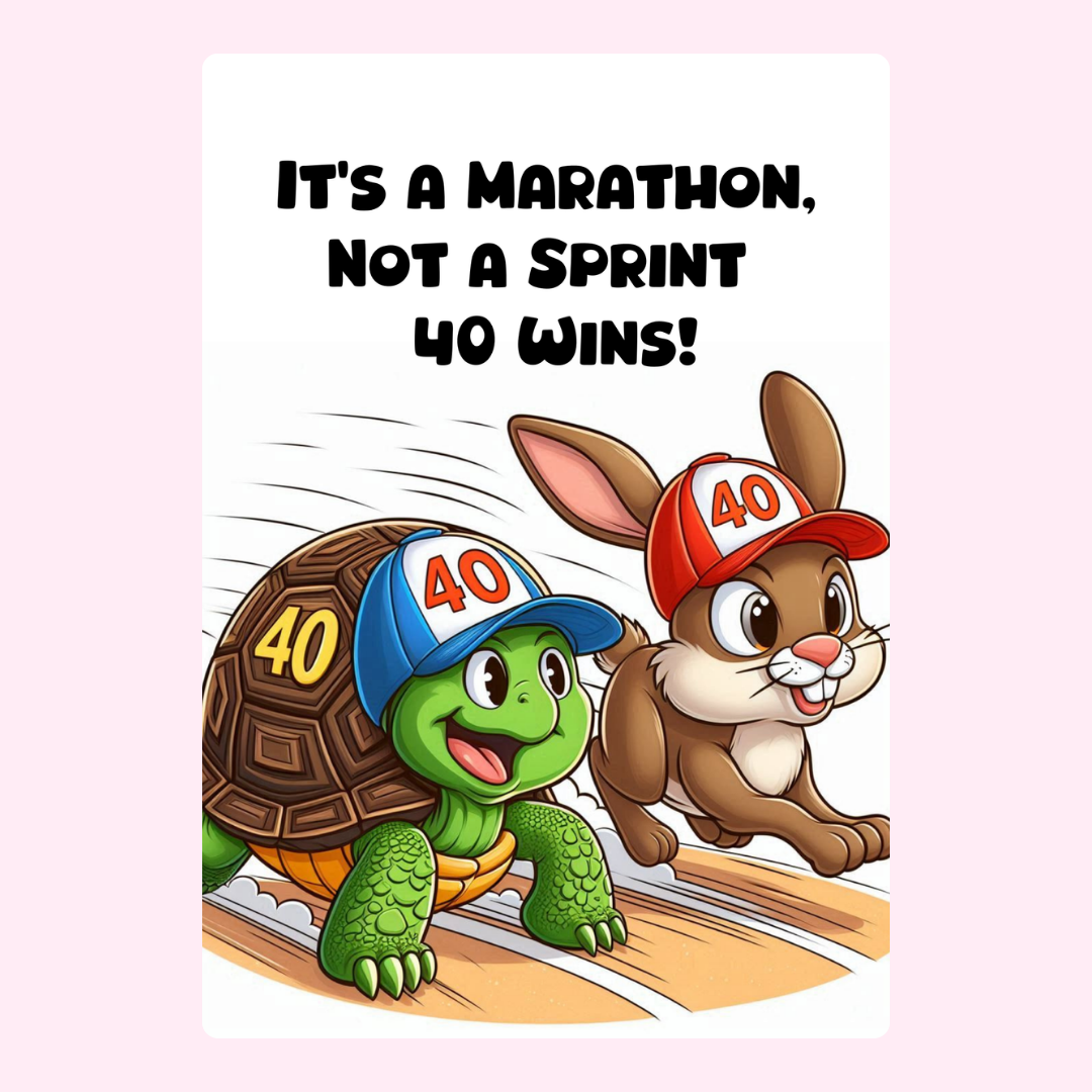 Marathon themed cartoon of turtle and rabbit with 40 hats, 19_6e6022f4.
