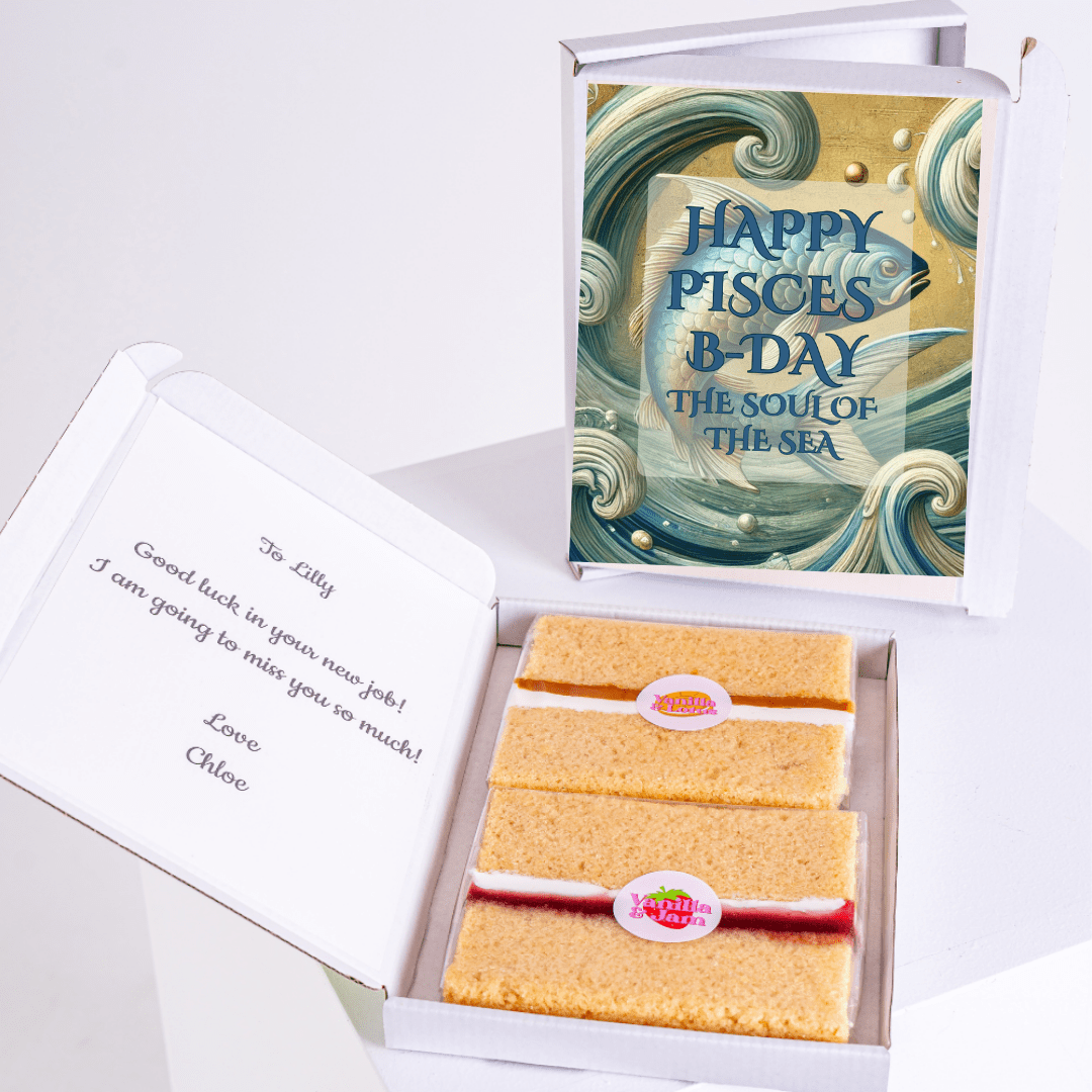 Pisces birthday cake gift box with a personalized message.