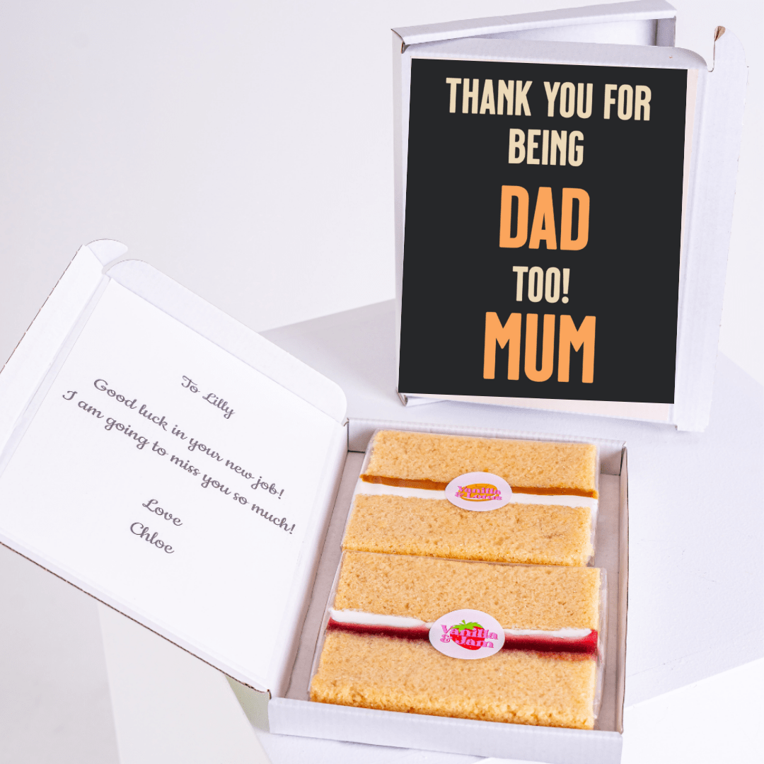 Cake gift box with Thank you Dad too Mum card for Lilly, new job.