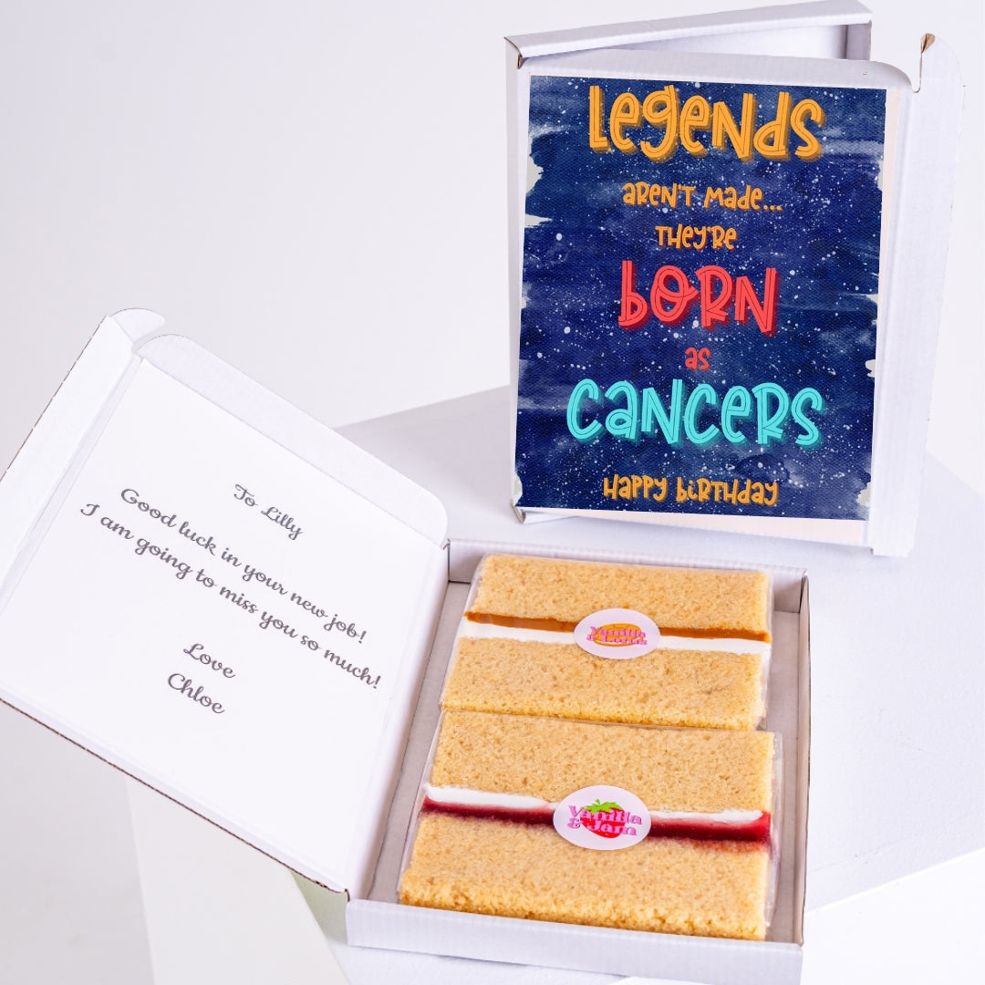Letterbox cake gift with zodiac-themed birthday message for Cancer.