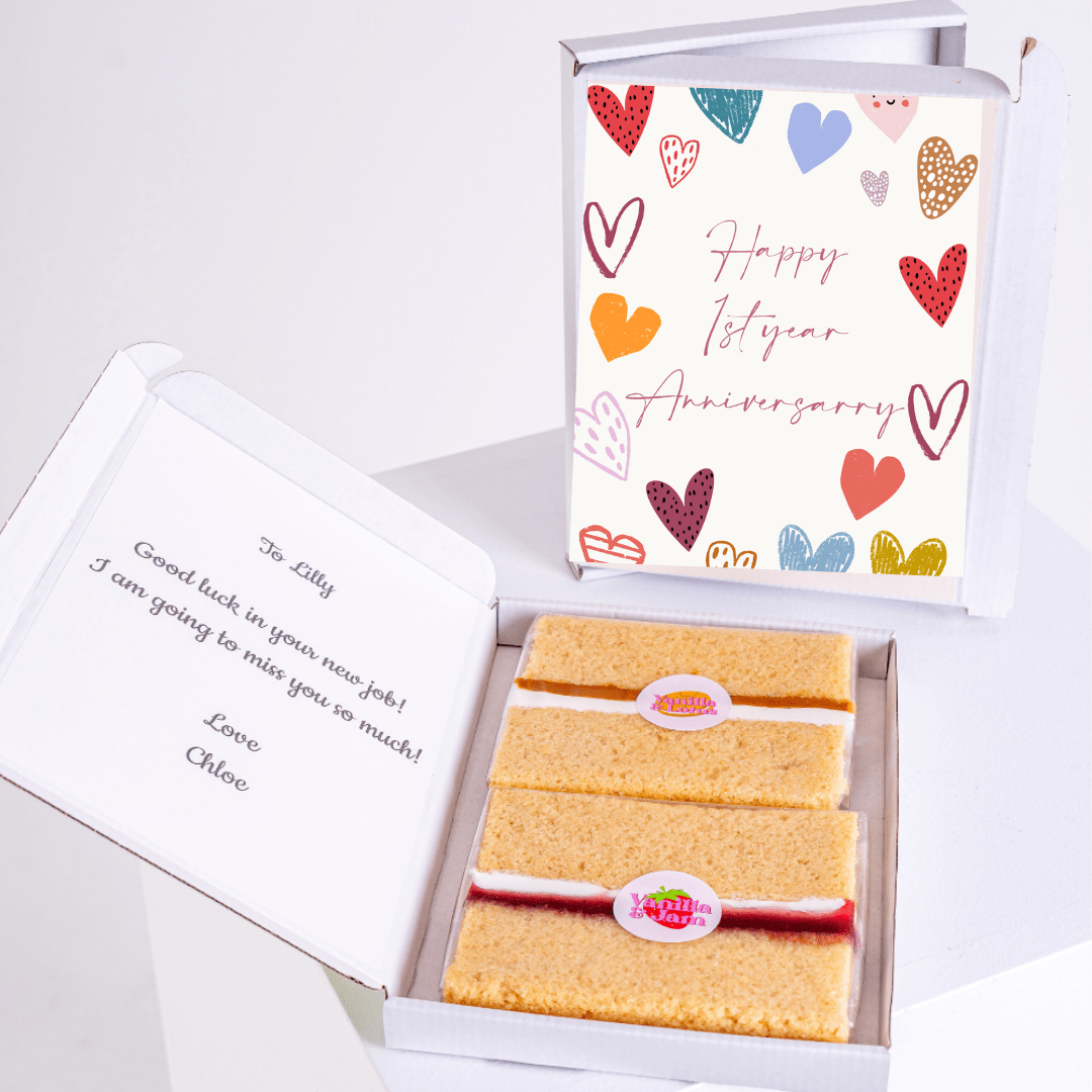 Anniversary cake gift box for Lilly, with card and message.