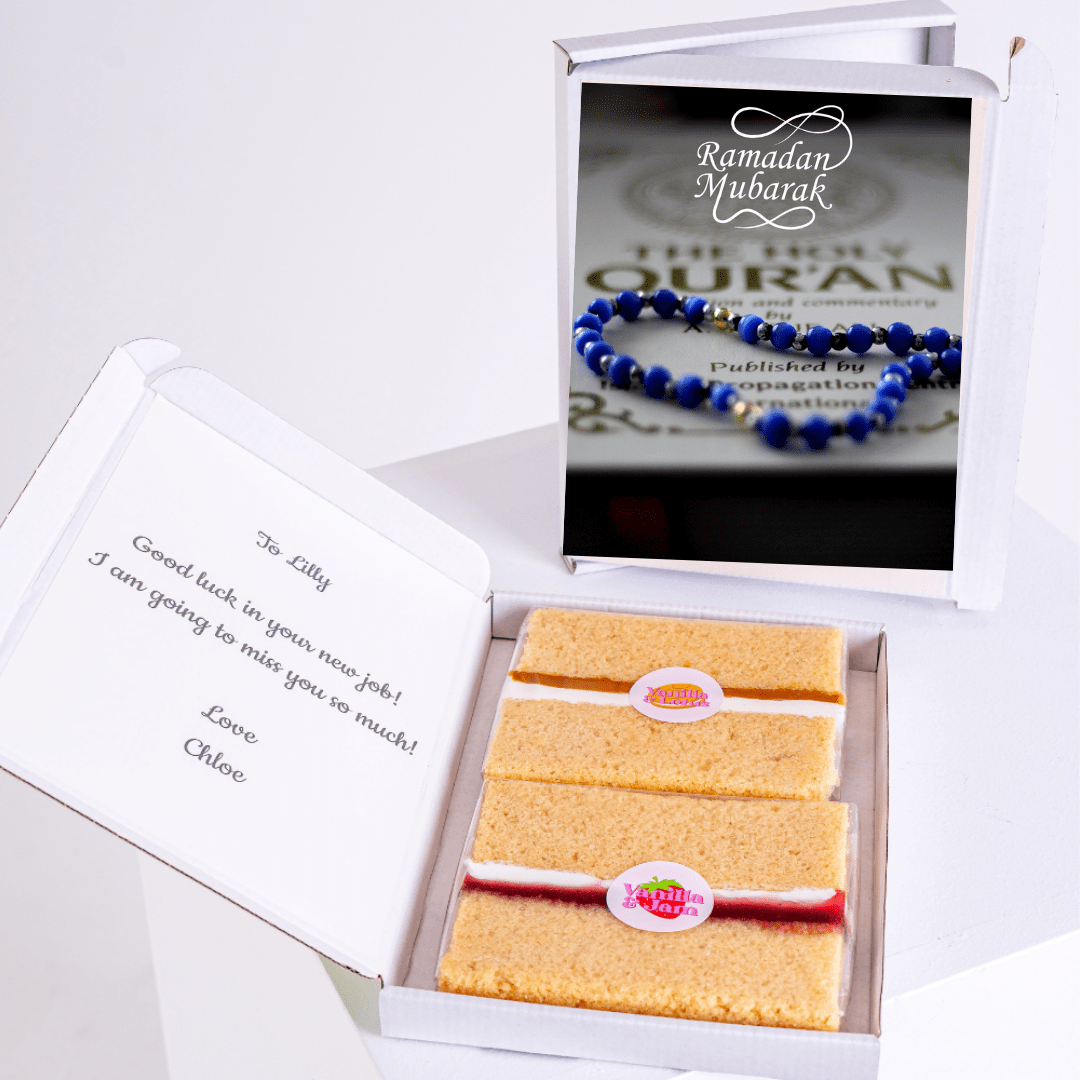 Ramadan Mubarak gift box with cake and Quran, for Lilly.