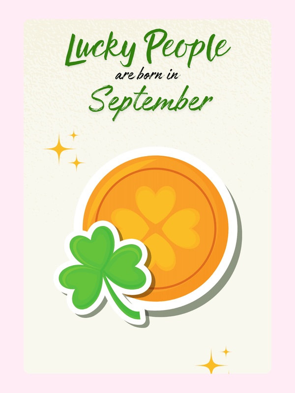 September birthday card with coin and clover
