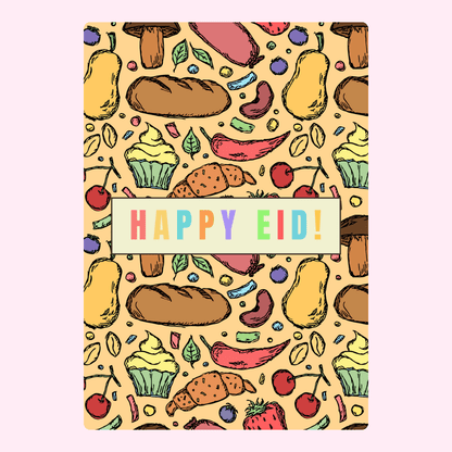 Eid greeting card with food pattern