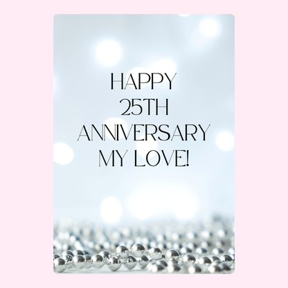 25th Anniversary card with silver beads and bokeh lights