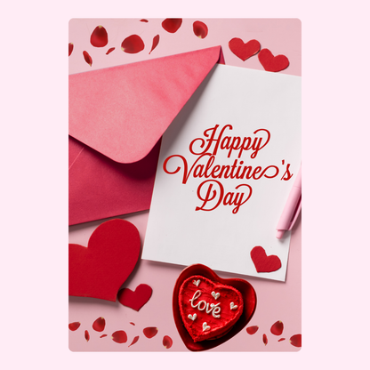 Valentine's Day card with envelope, hearts, and Happy Valentine's Day